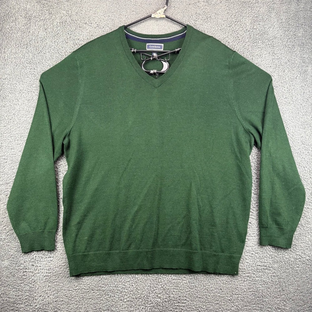 Club‎ Room Mens V Neck Sweater Green Merino Wool Acrylic Blend Size XXL